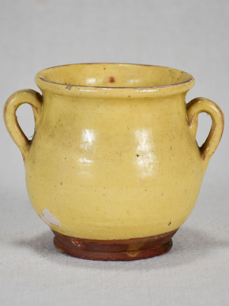 Very small antique French honey pot with yellow-ocher glaze 4"