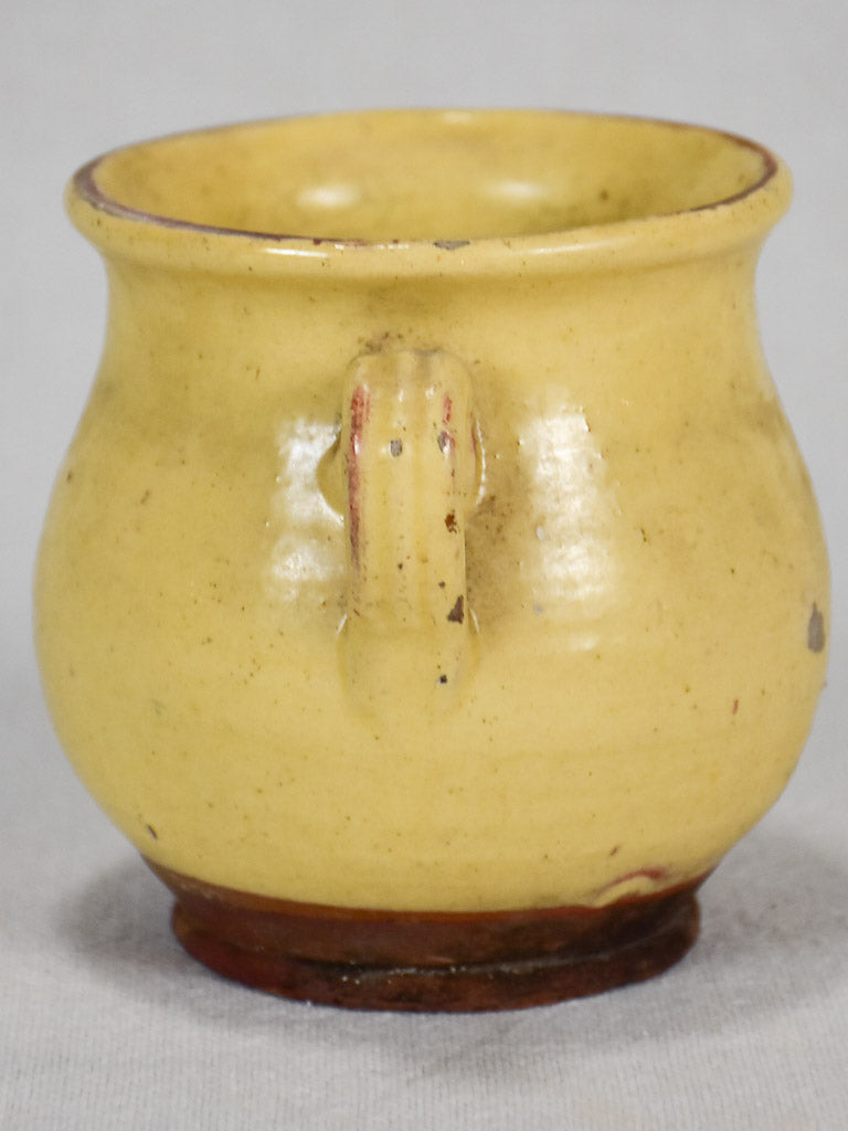 Very small antique French honey pot with yellow-ocher glaze 4"