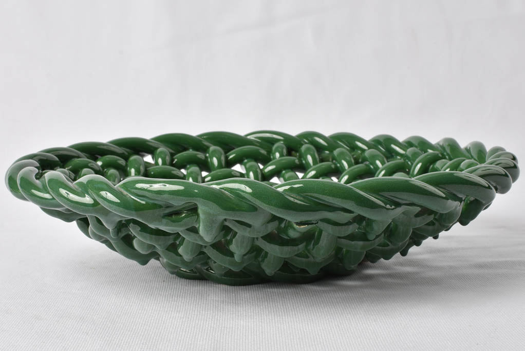 Large ceramic woven bowl - dark green glaze 15"
