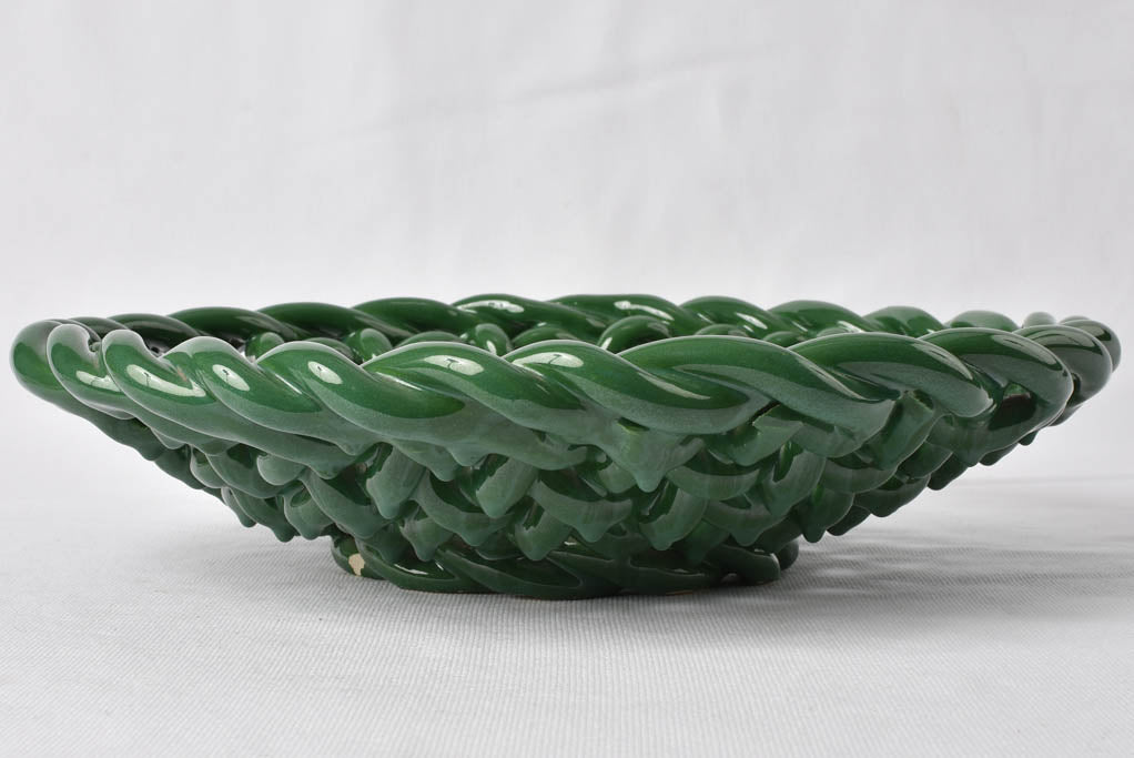 Large ceramic woven bowl - dark green glaze 15"
