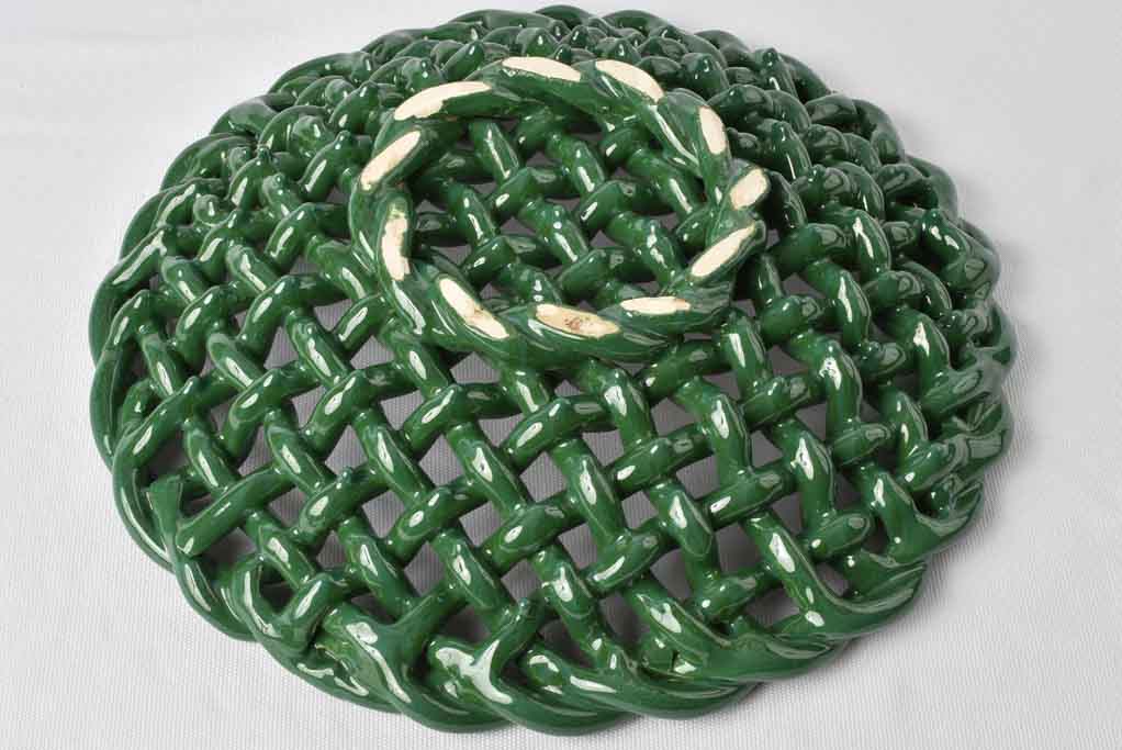 Large ceramic woven bowl - dark green glaze 15"