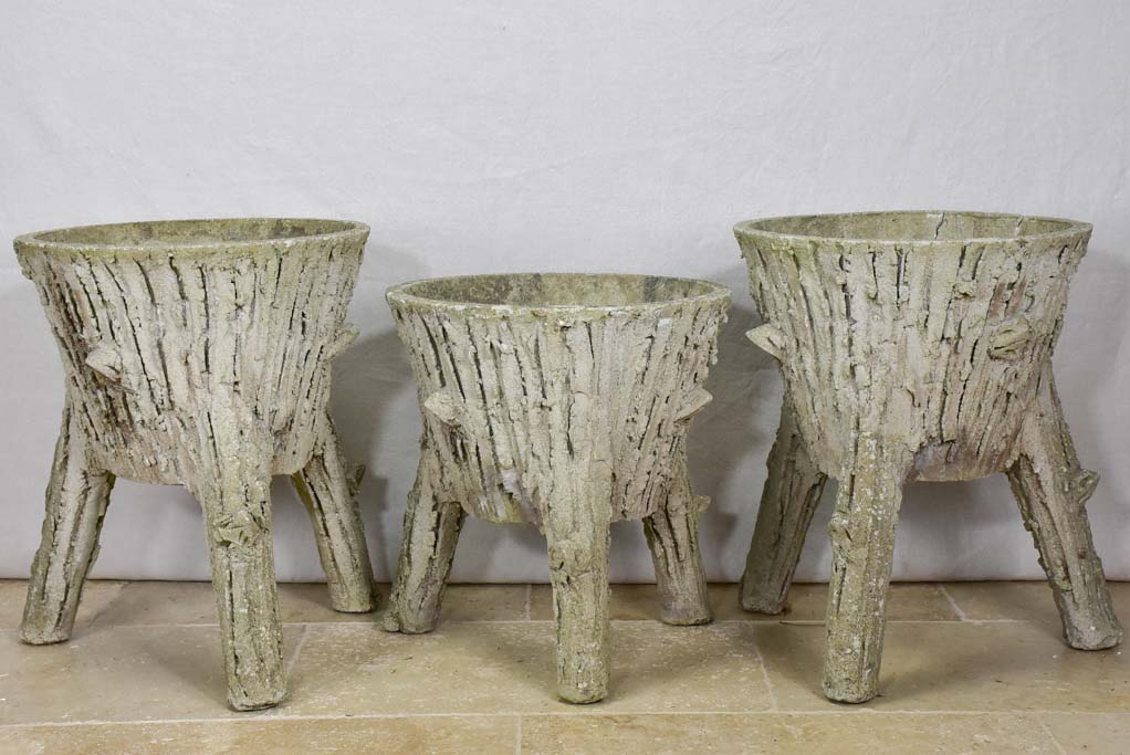 Three vintage French faux-bois raised planters