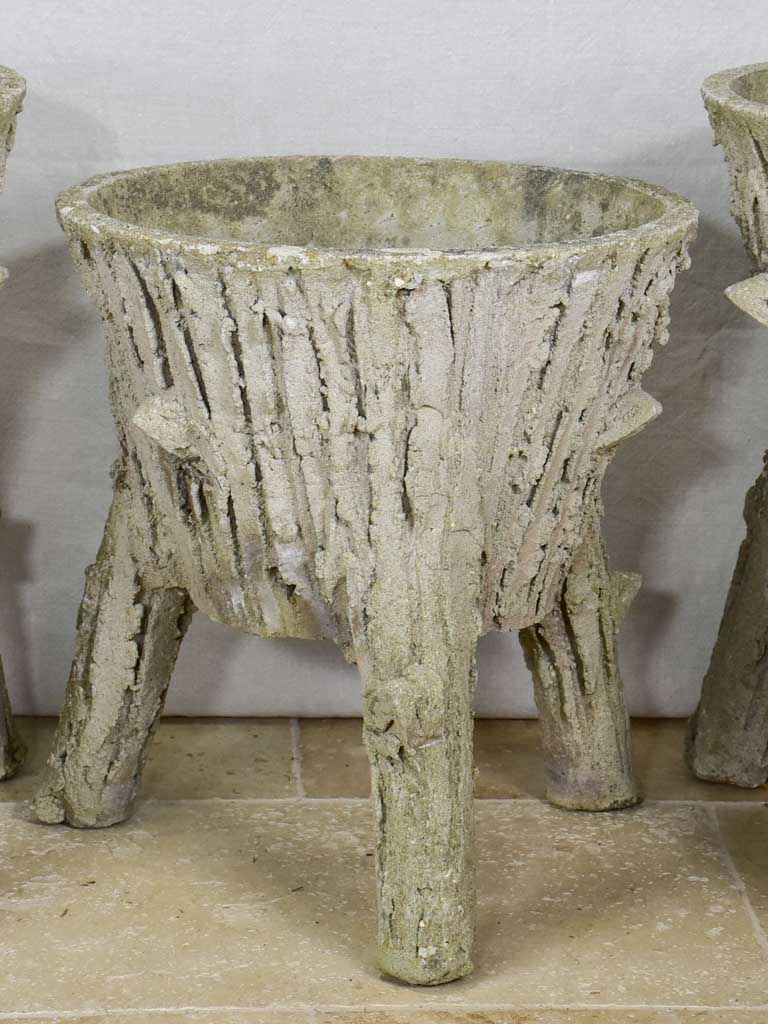 Three vintage French faux-bois raised planters