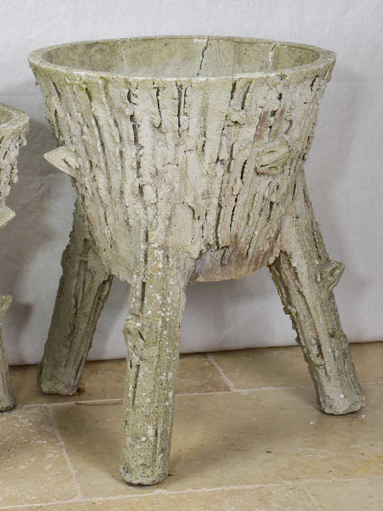 Three vintage French faux-bois raised planters