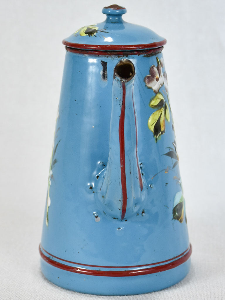 Early 20th-century enamelware coffee pot - blue with flowers and bird 8¼"