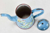 Early 20th-century enamelware coffee pot - blue with flowers and bird 8¼"