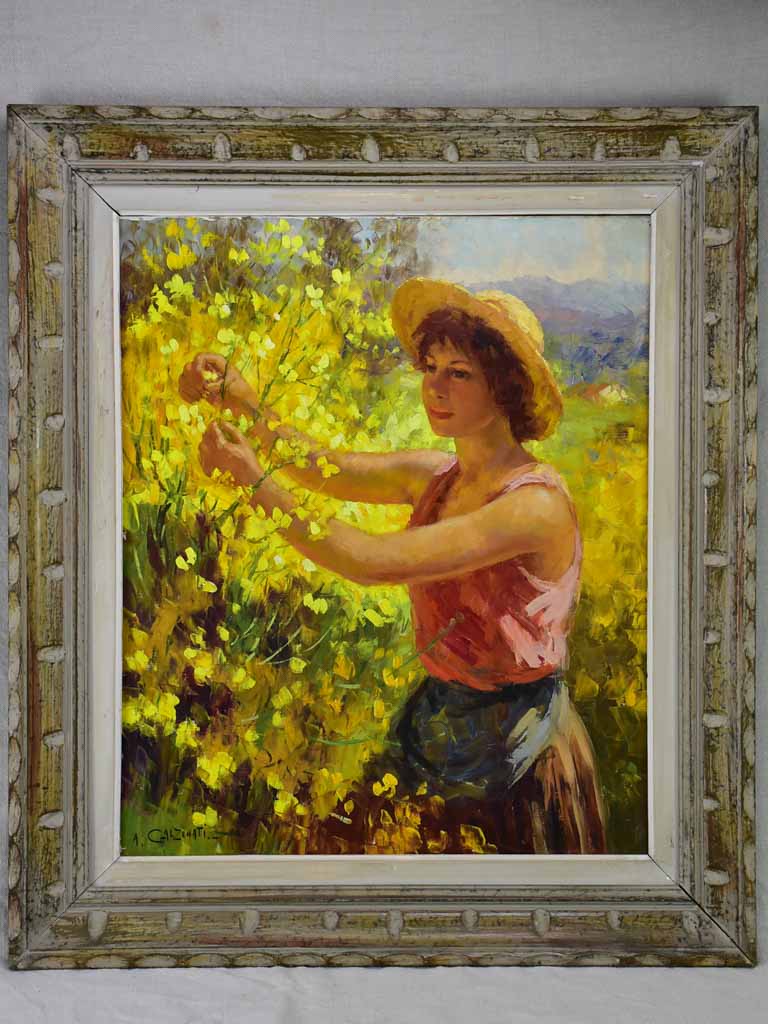 Antique French painting of a lady picking yellow blooms 28¼" x 33"