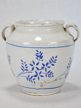 Antique French preserving pot - white with blue flowers 8"