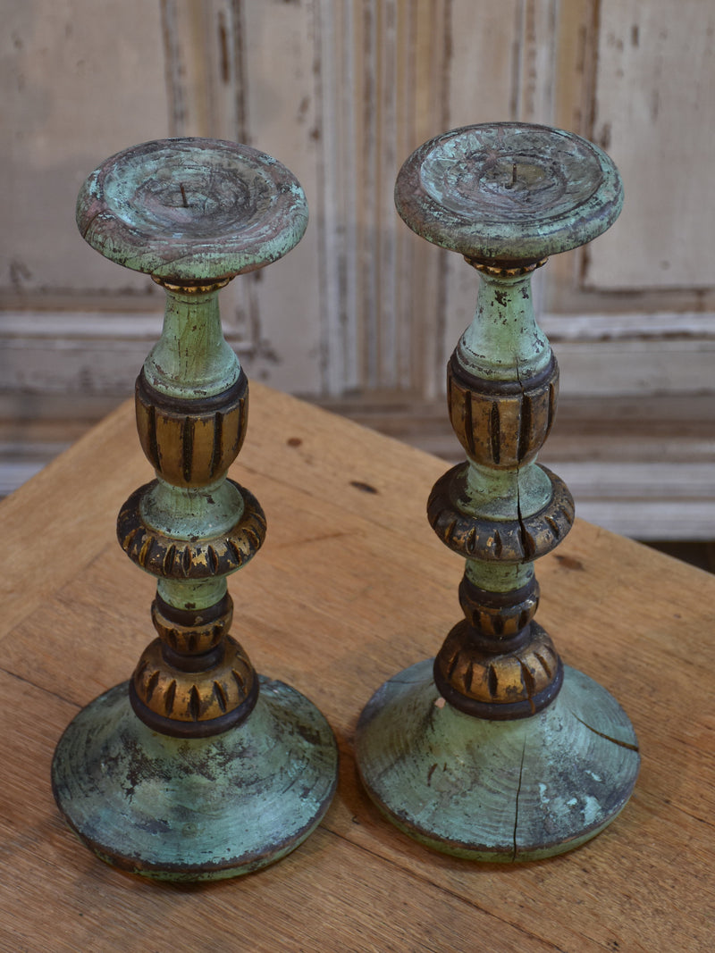 Candlesticks, green patina, French, antique