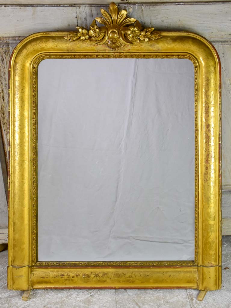Louis Philippe gilded mantle mirror with decorative pediment and original glass 33" x 40¼"