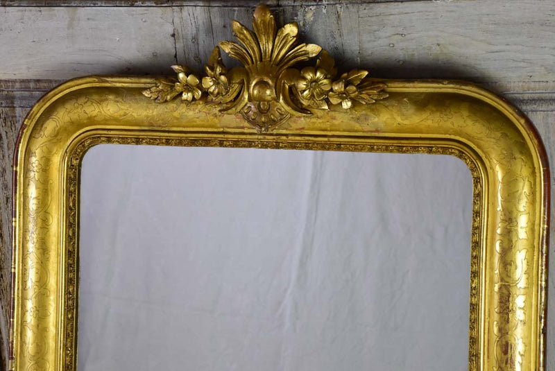 Louis Philippe gilded mantle mirror with decorative pediment and original glass 33" x 40¼"