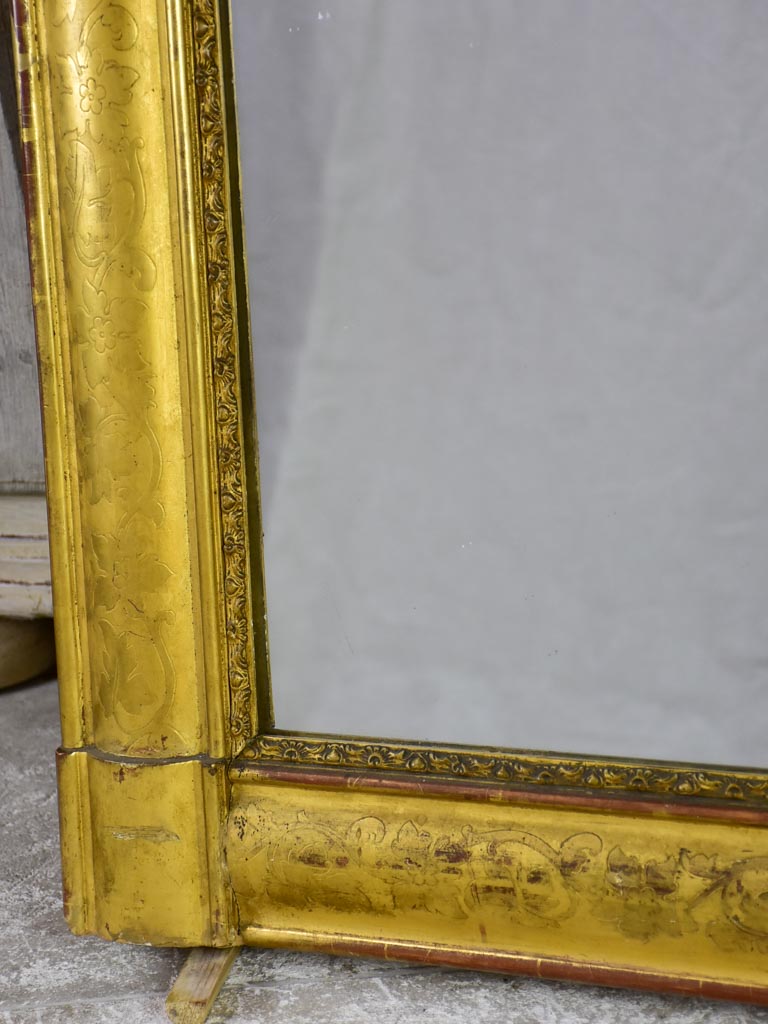 Louis Philippe gilded mantle mirror with decorative pediment and original glass 33" x 40¼"