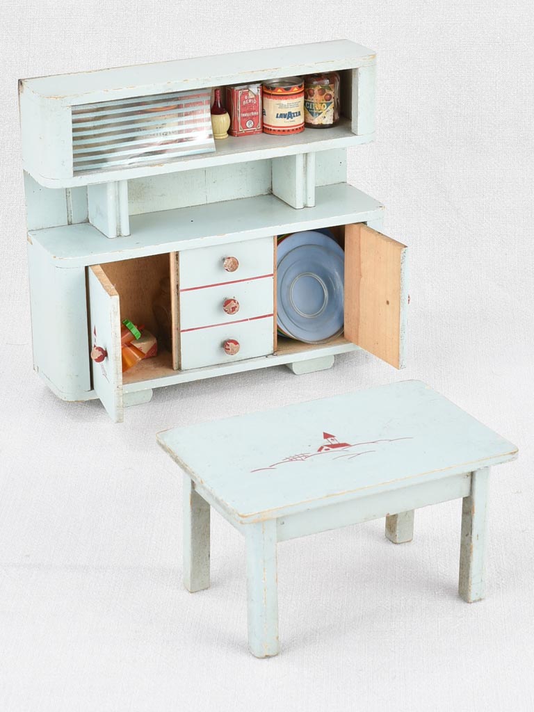 1950s toy kitchen dresser and table with parts