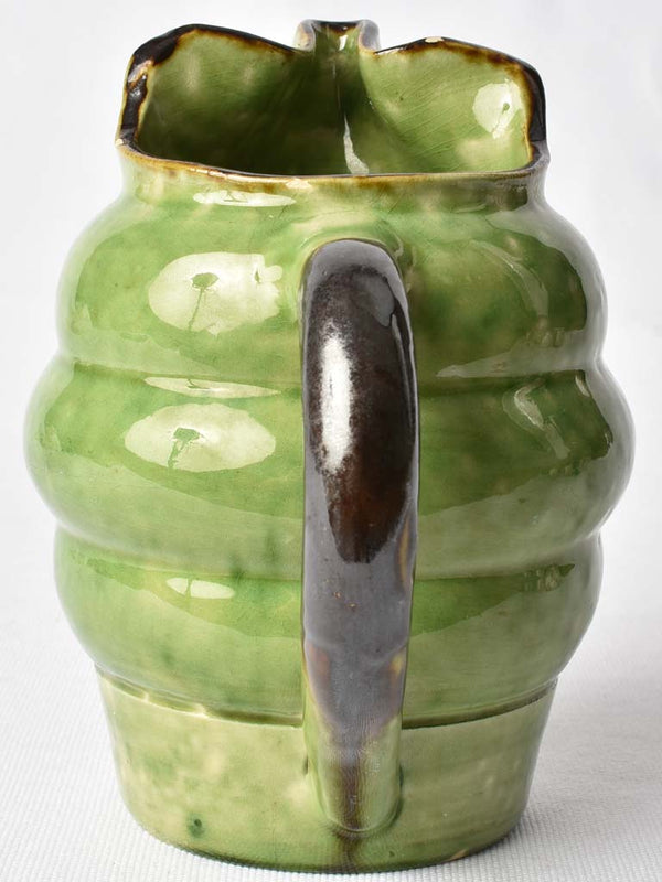 Ribbed Dieulefit pitcher with pinched beak & brown handle 7½"
