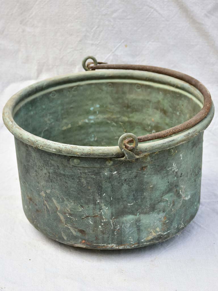 19th century French copper cauldron with blue green patina