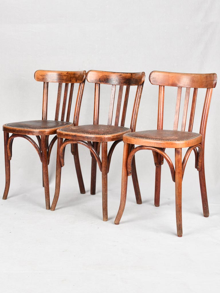SET OF 3 ANTIQUE FRENCH BISTRO BISTRO CHAIRS WITH MOLESKIN SEATS