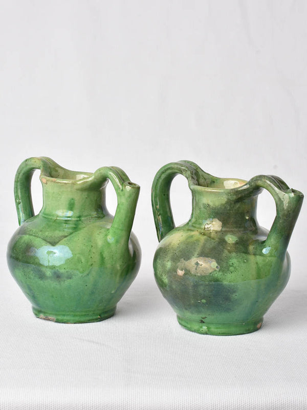2 very small green water pitchers - gargoulettes 6¾"