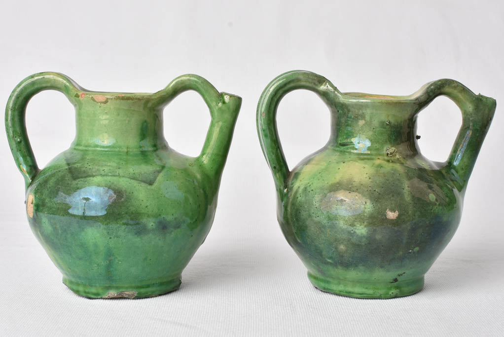 2 very small green water pitchers - gargoulettes 6¾"