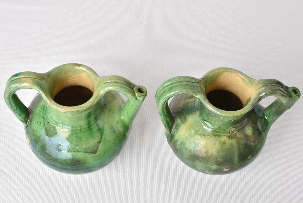 2 very small green water pitchers - gargoulettes 6¾"