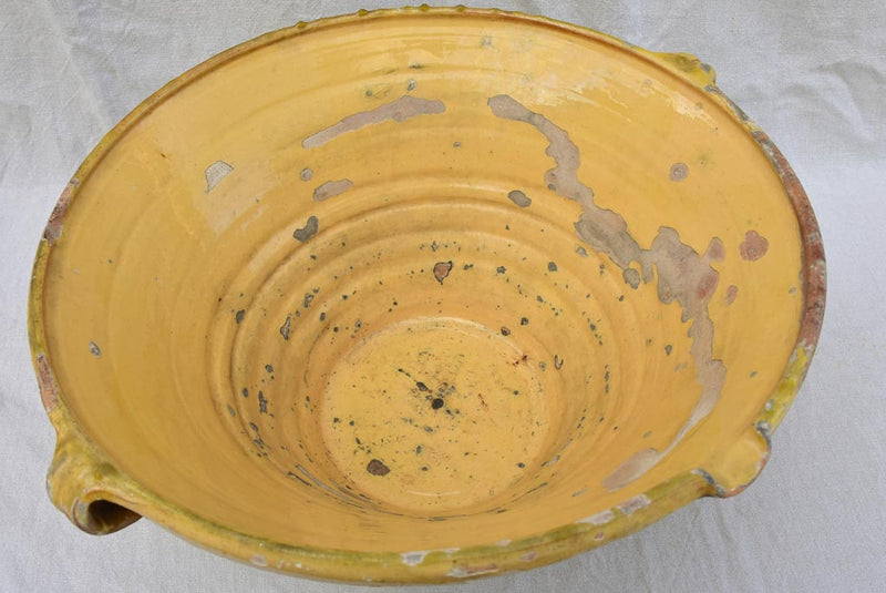 Large antique French tian cooking bowl with yellow glaze 21¾"