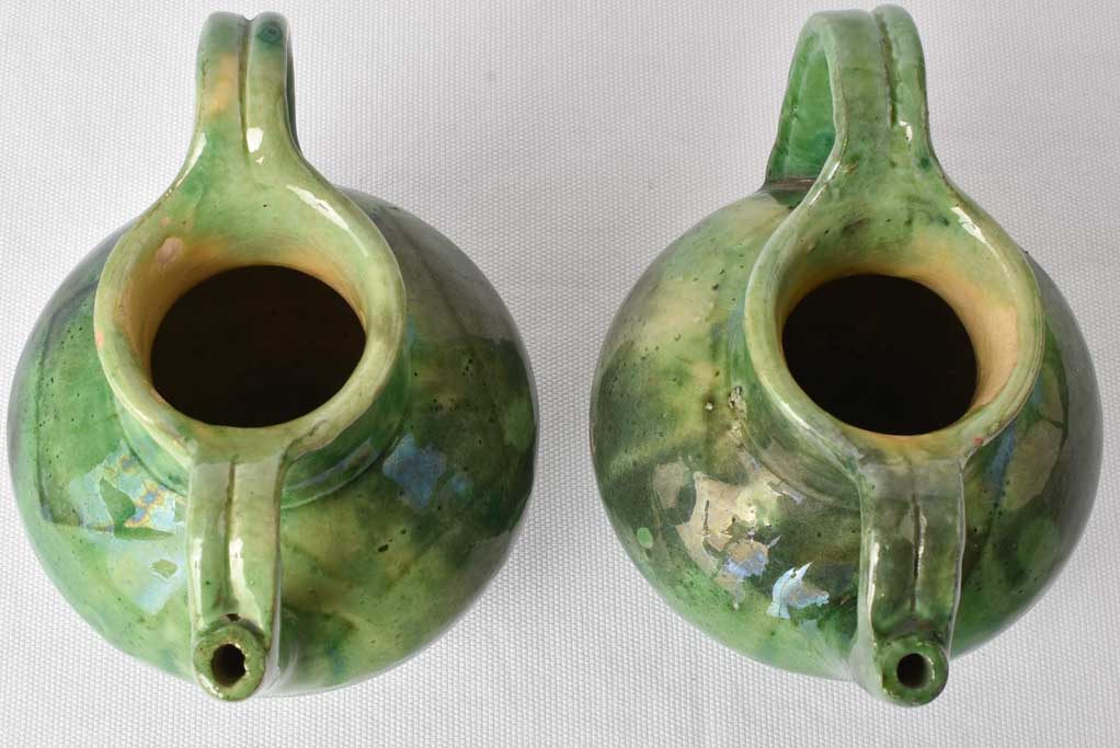 2 very small green water pitchers - gargoulettes 6¾"