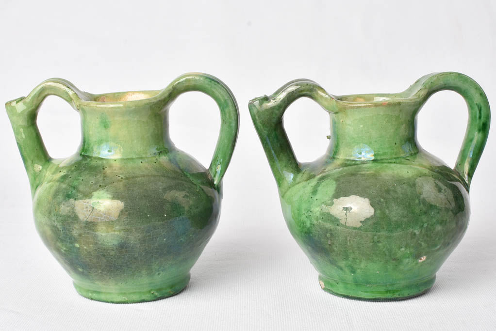 2 very small green water pitchers - gargoulettes 6¾"