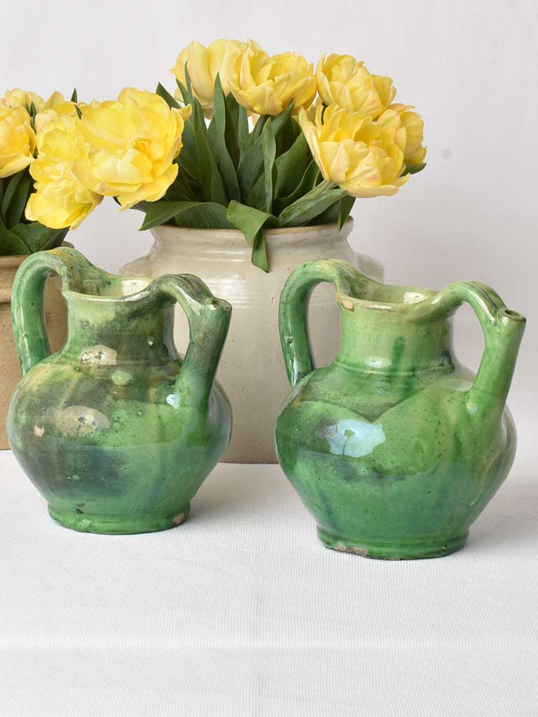 2 very small green water pitchers - gargoulettes 6¾"