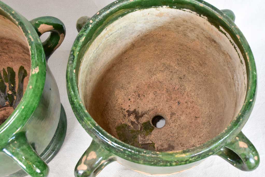 Pair of 19th-century Castelnaudary citrus planters with green glaze 17¾"