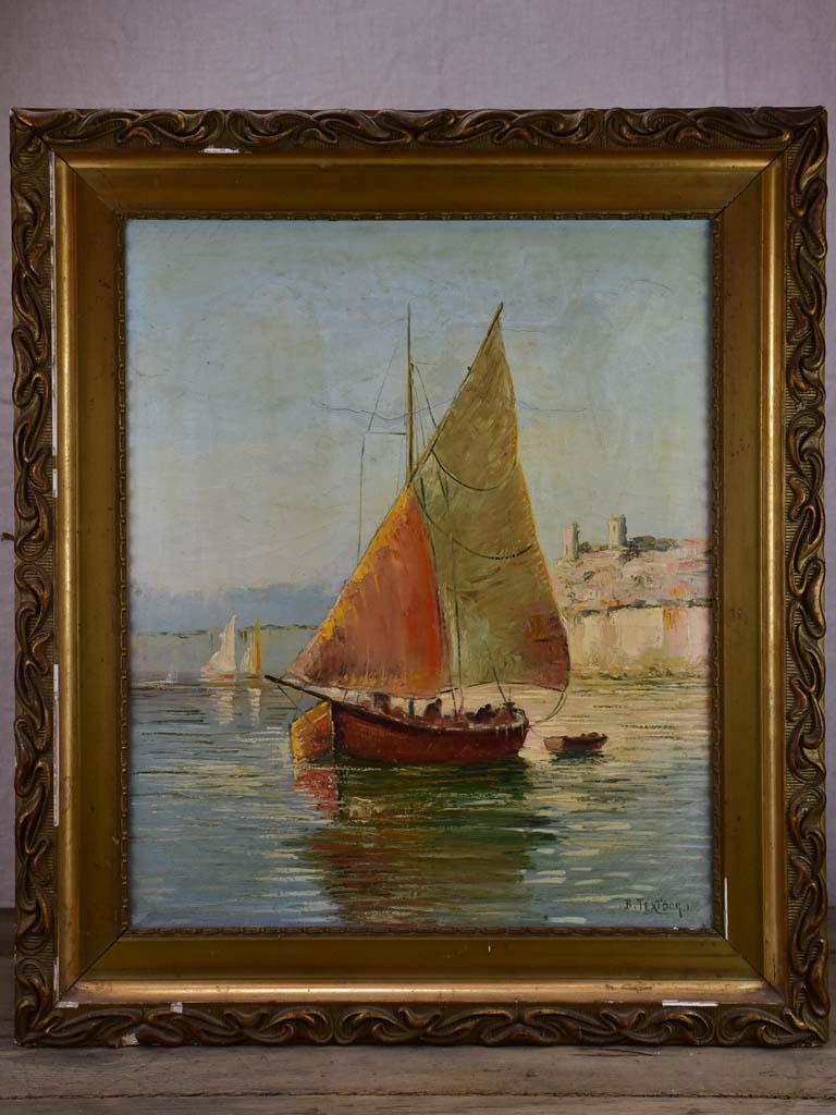 Late 19th Century oil painting of a sail boat in Antibes 26" x 30"