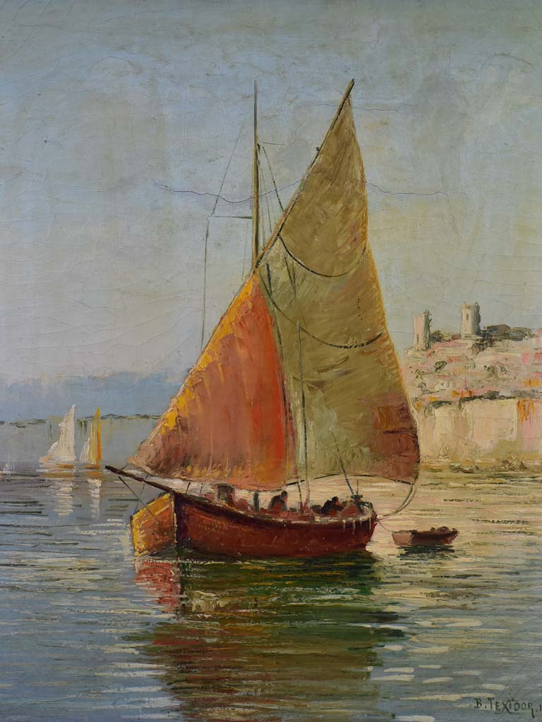 Late 19th Century oil painting of a sail boat in Antibes 26" x 30"