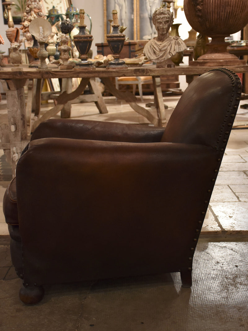 Dark French leather studded club chair - clouté