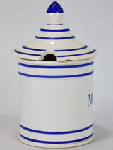 Antique French mustard pot with lid - blue and white 10¾"