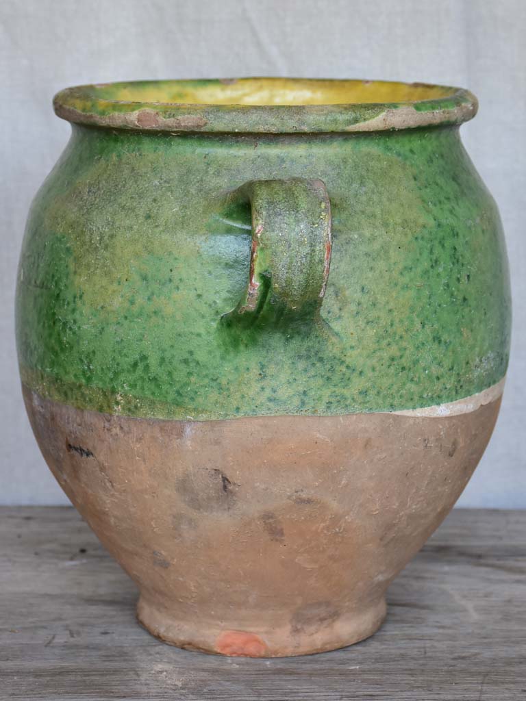 Antique French confit pot with green glaze 11"