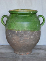 Large antique French confit pot with green glaze 11¾"
