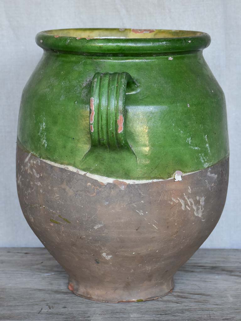 Large antique French confit pot with green glaze 11¾"