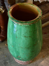 Tall French olive jar with green glaze