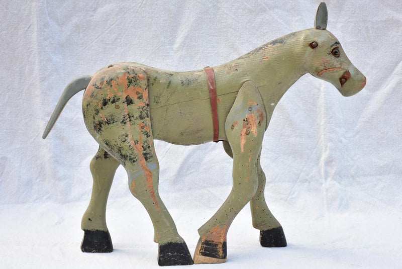 Rustic antique French toy horse with sage green patina 18"