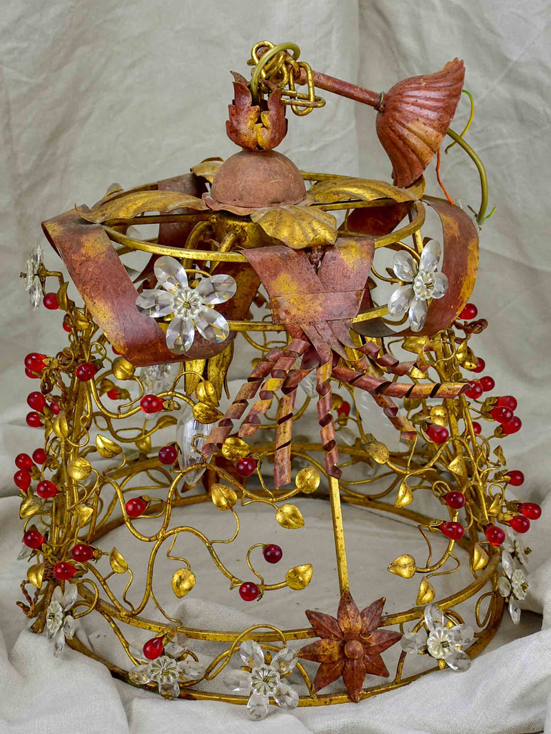Mid-century pendant light fixutre with flowers and red drops