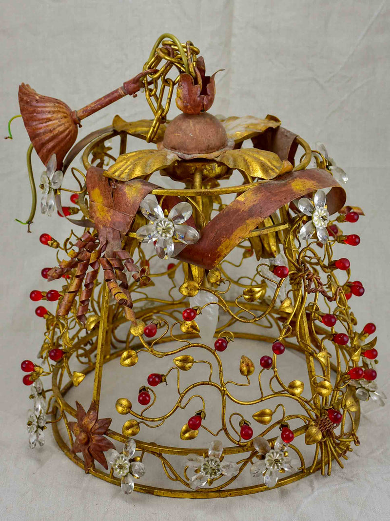 Mid-century pendant light fixutre with flowers and red drops