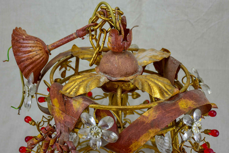 Mid-century pendant light fixutre with flowers and red drops