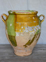 Late 19th / early 20th Century French confit pot with orange and green glaze 10¾"