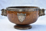 1930's English wooden ice bucket wine cooler with shield and bull's head handles