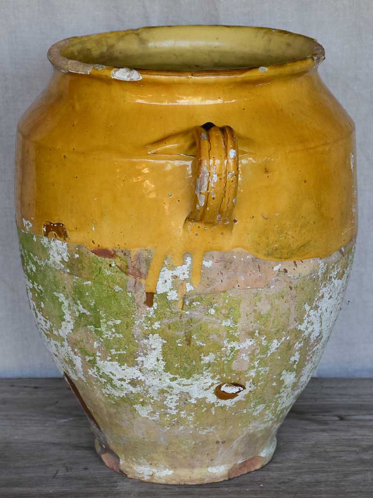Very large antique French confit pot with yellow glaze 14½"