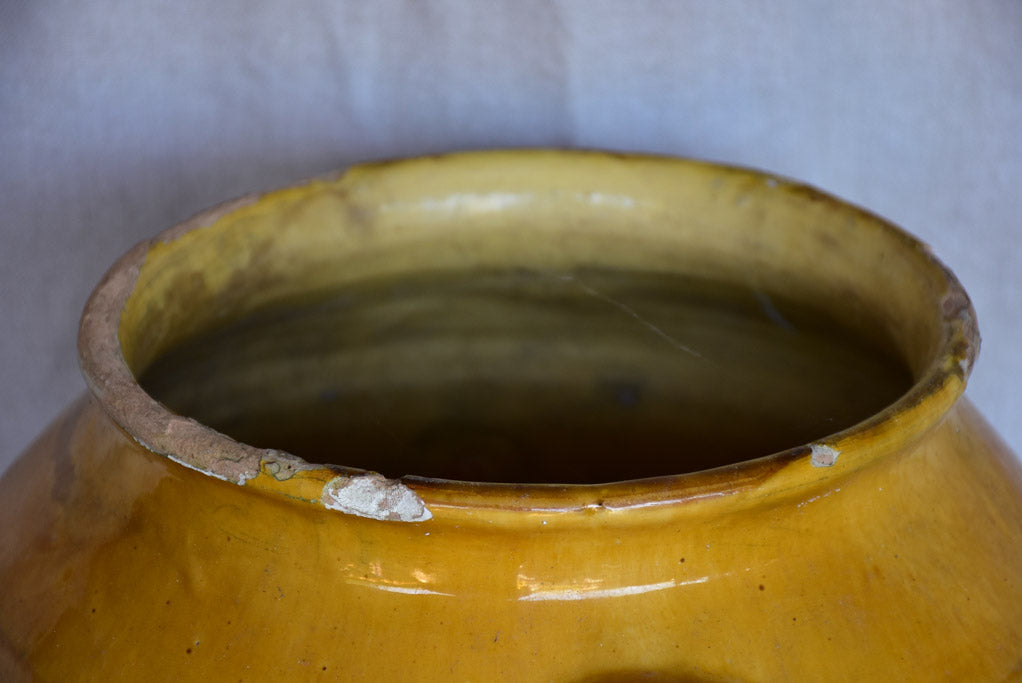 Very large antique French confit pot with yellow glaze 14½"