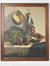 Large antique still life painting with copper, onions cabbage 44" x 37""