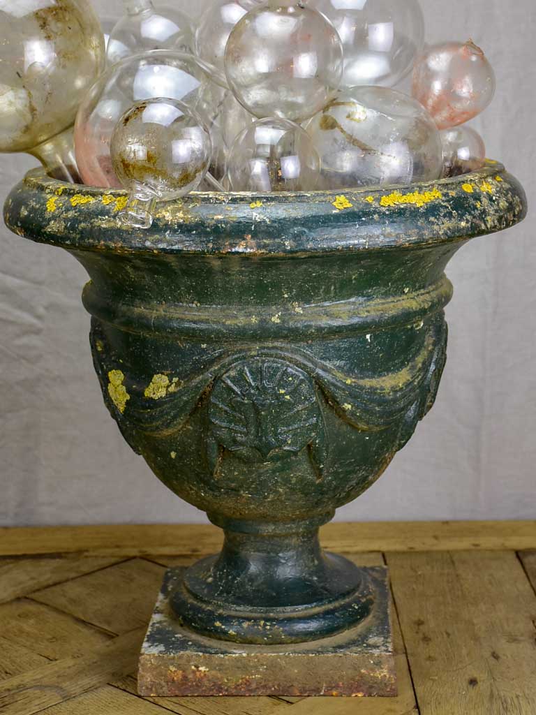 Pair of 19th Century French cast iron garden urns with dark green patina 19"