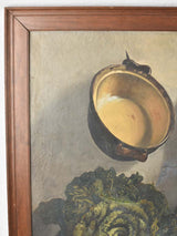 Large antique still life painting with copper, onions cabbage 44" x 37""