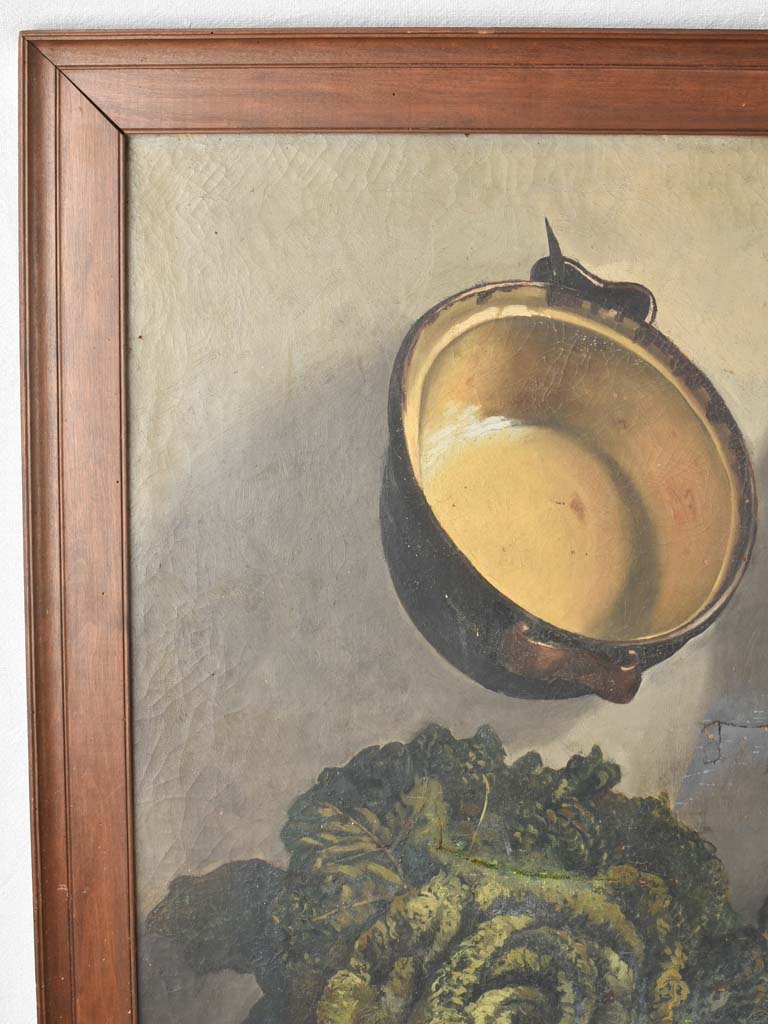 Large antique still life painting with copper, onions cabbage 44" x 37""