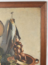 Large antique still life painting with copper, onions cabbage 44" x 37""