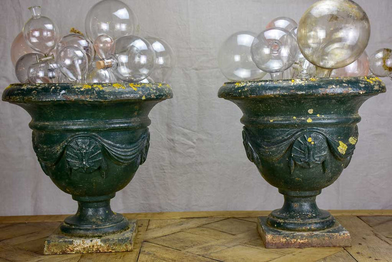 Pair of 19th Century French cast iron garden urns with dark green patina 19"